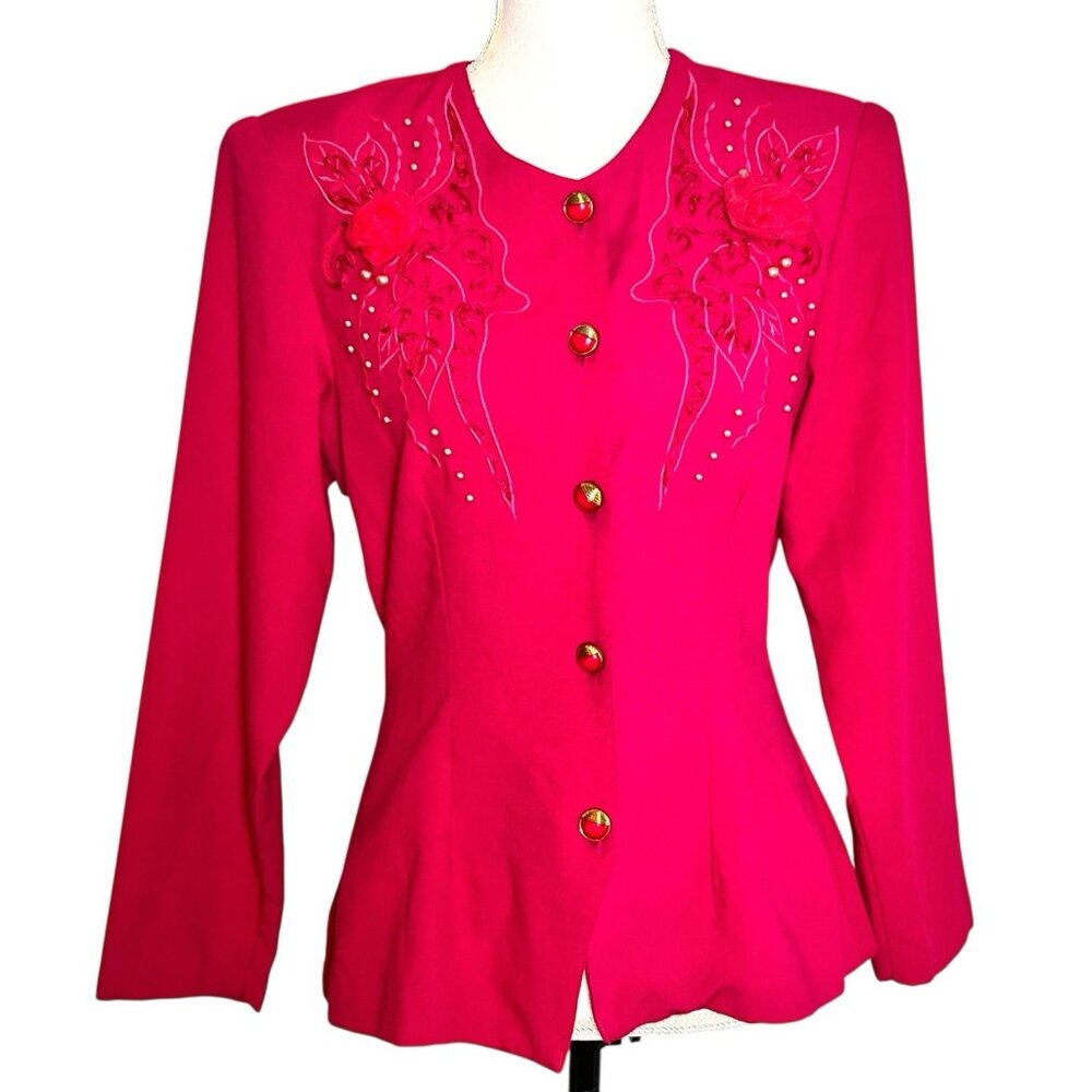 Fantazia Vintage 80s Pink Embellished Blazer Jacket M Floral Appliqué USA Made